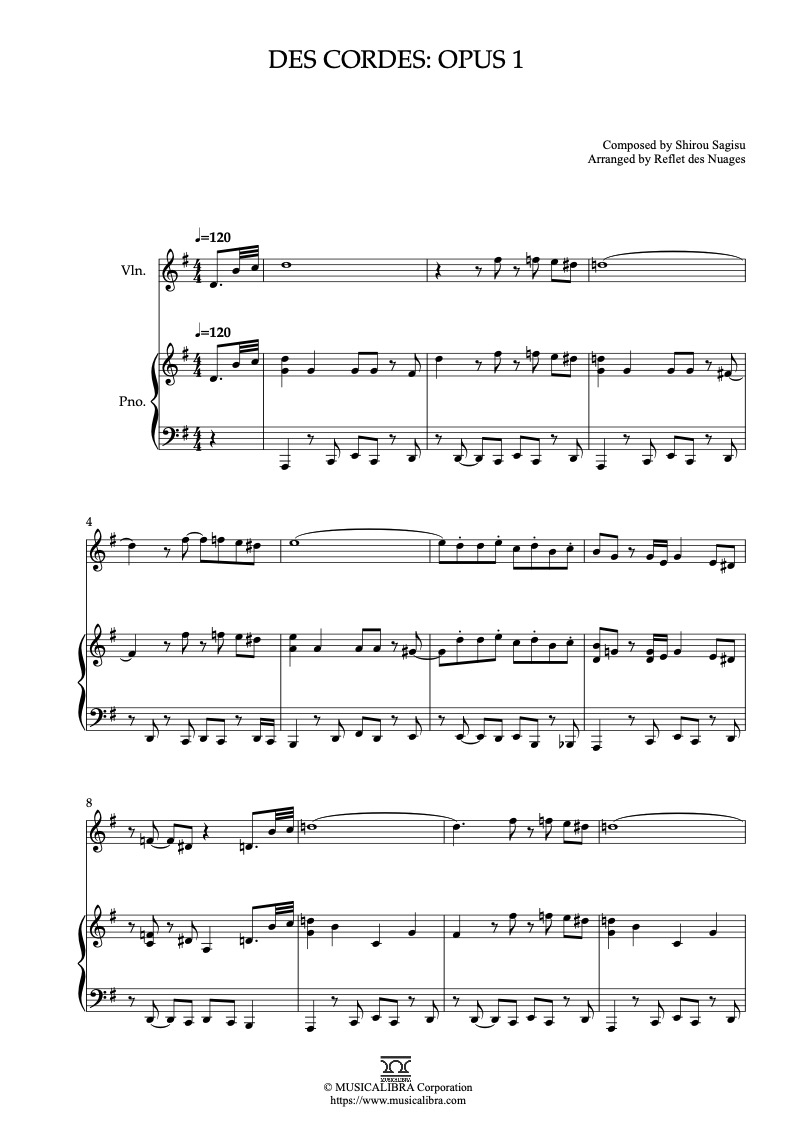 Partitura de Evangelion Des Cordes: opus 1 arreglada para dueto de violín y piano