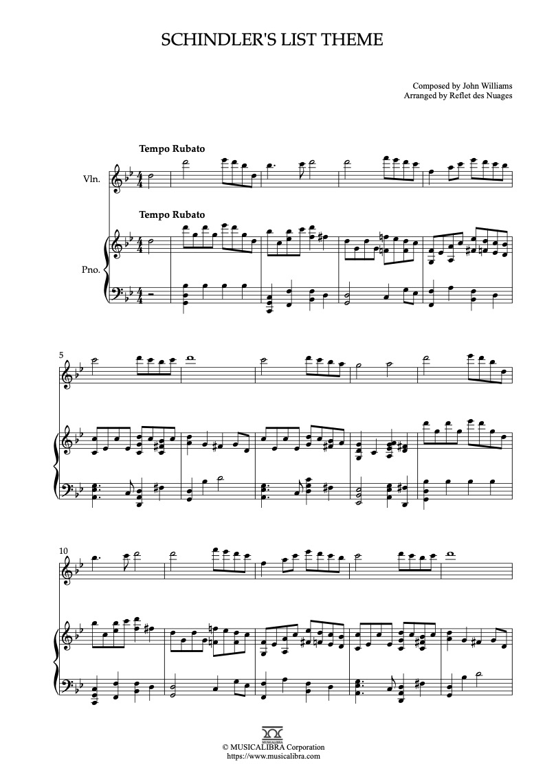 Theme From Schindler's List 編曲楽譜 - ヴァイオリン、ピアノデュエット