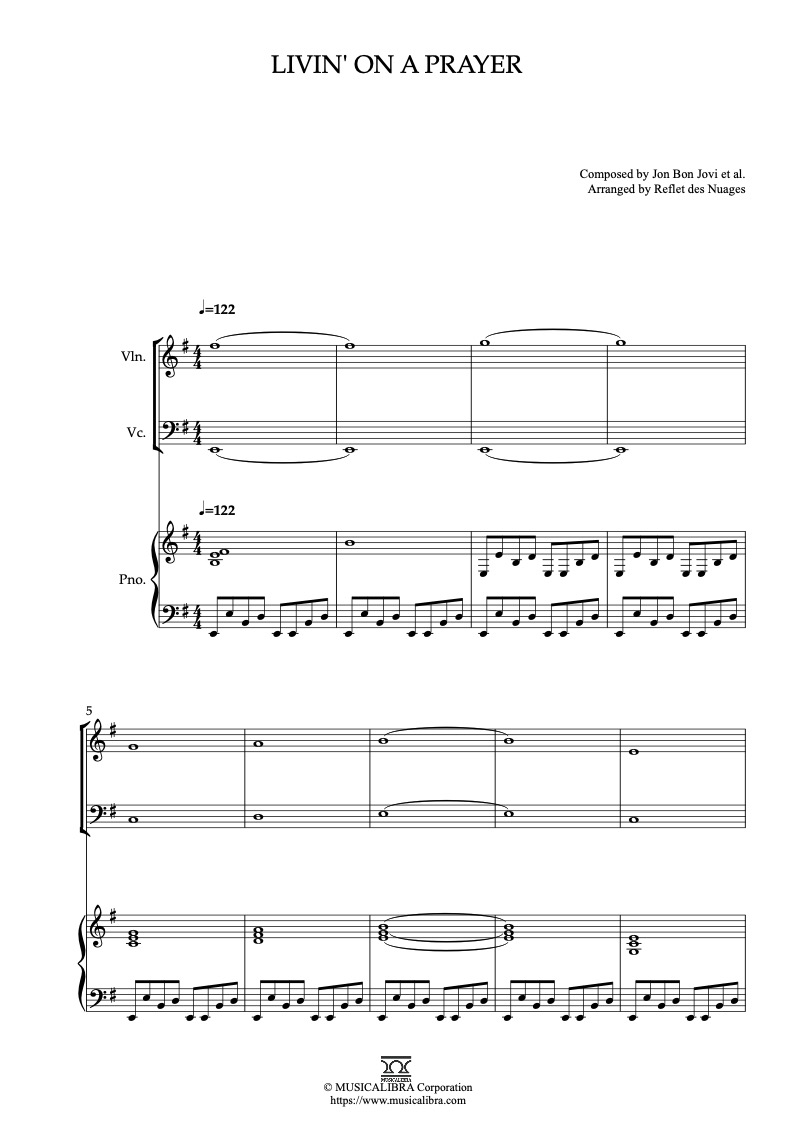 Partitura de Bon Jovi Livin' on a Prayer arreglada para trío de violín, violonchelo y piano