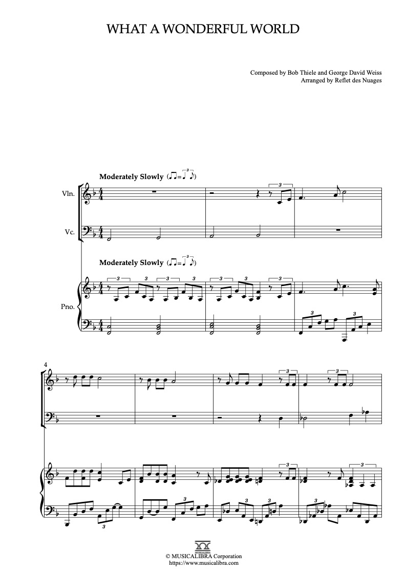 Sheet music of What a Wonderful World arranged for violin, cello and piano trio chamber ensemble preview page 1