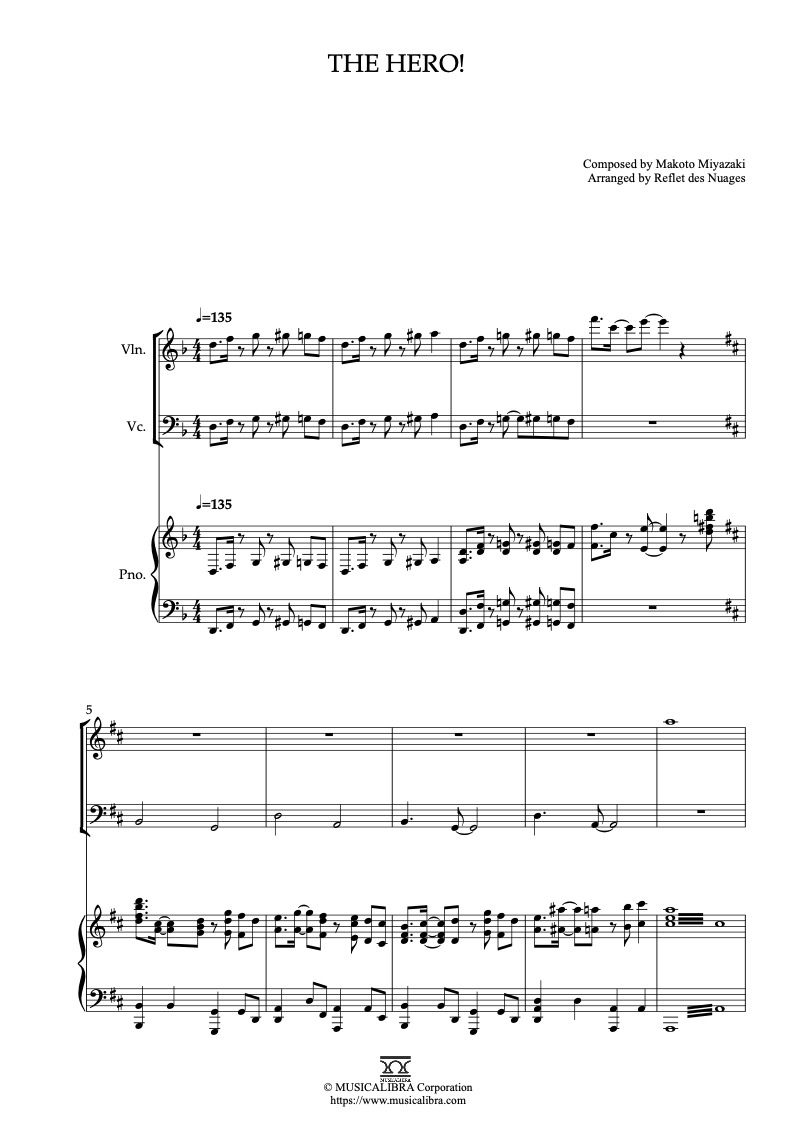 Sheet music of One Punch Man The Hero! arranged for violin, cello and piano trio chamber ensemble preview page 1
