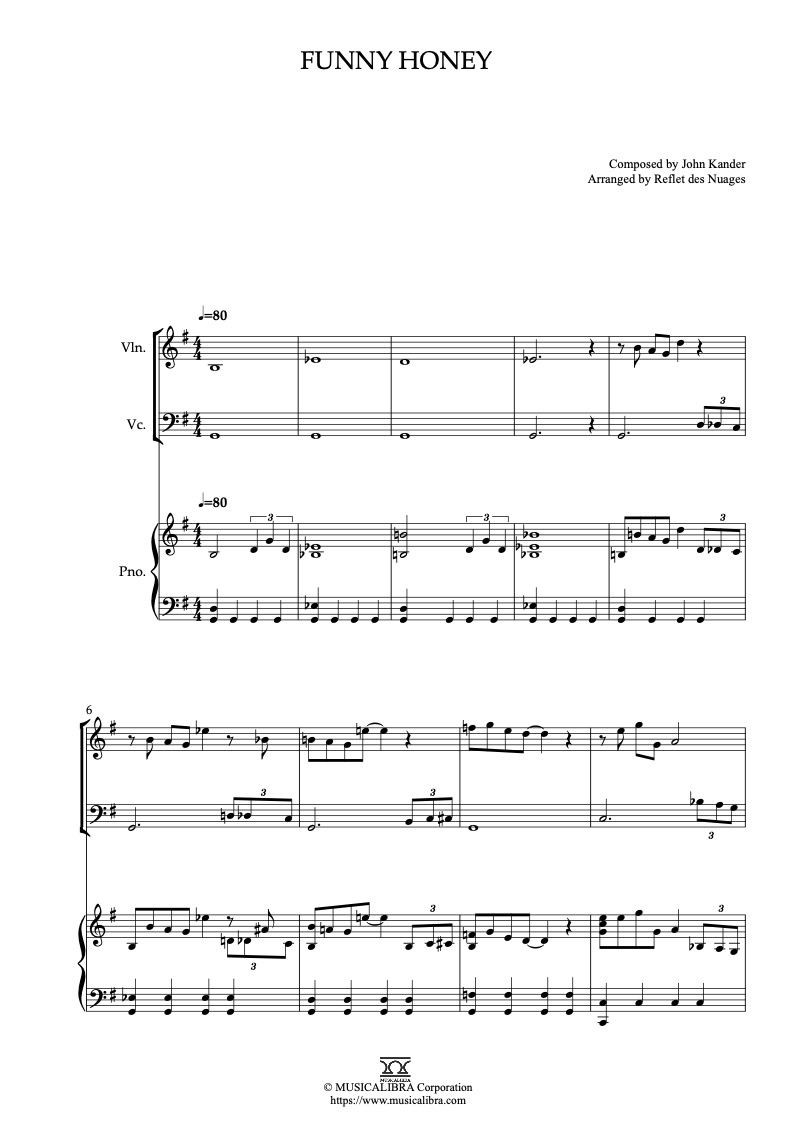 Sheet music of Chicago Funny Honey arranged for violin, cello and piano trio chamber ensemble preview page 1
