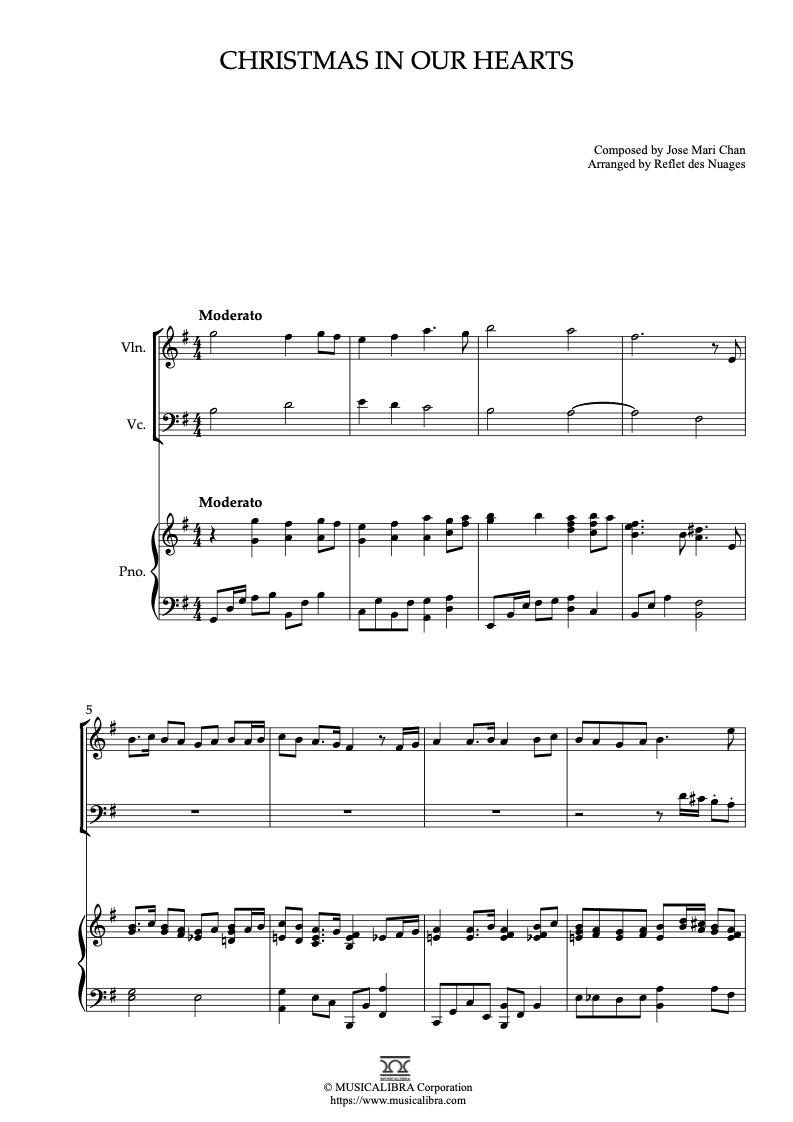 Partitura de Jose Mari Chan Christmas in Our Hearts arreglada para trío de violín, violonchelo y piano