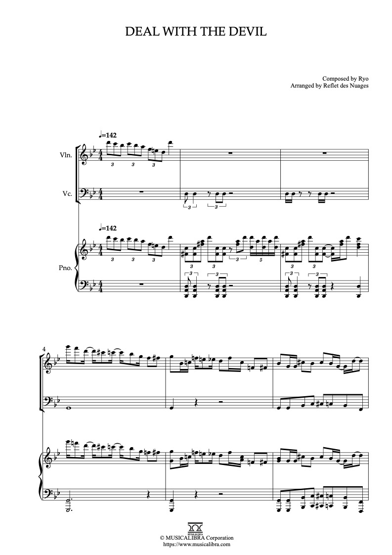 Sheet music of Kekegurui Deal With the Devil arranged for violin, cello and piano trio chamber ensemble preview page 1
