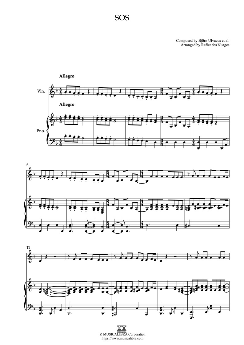 Partitura de Abba SOS arreglada para dueto de violín y piano