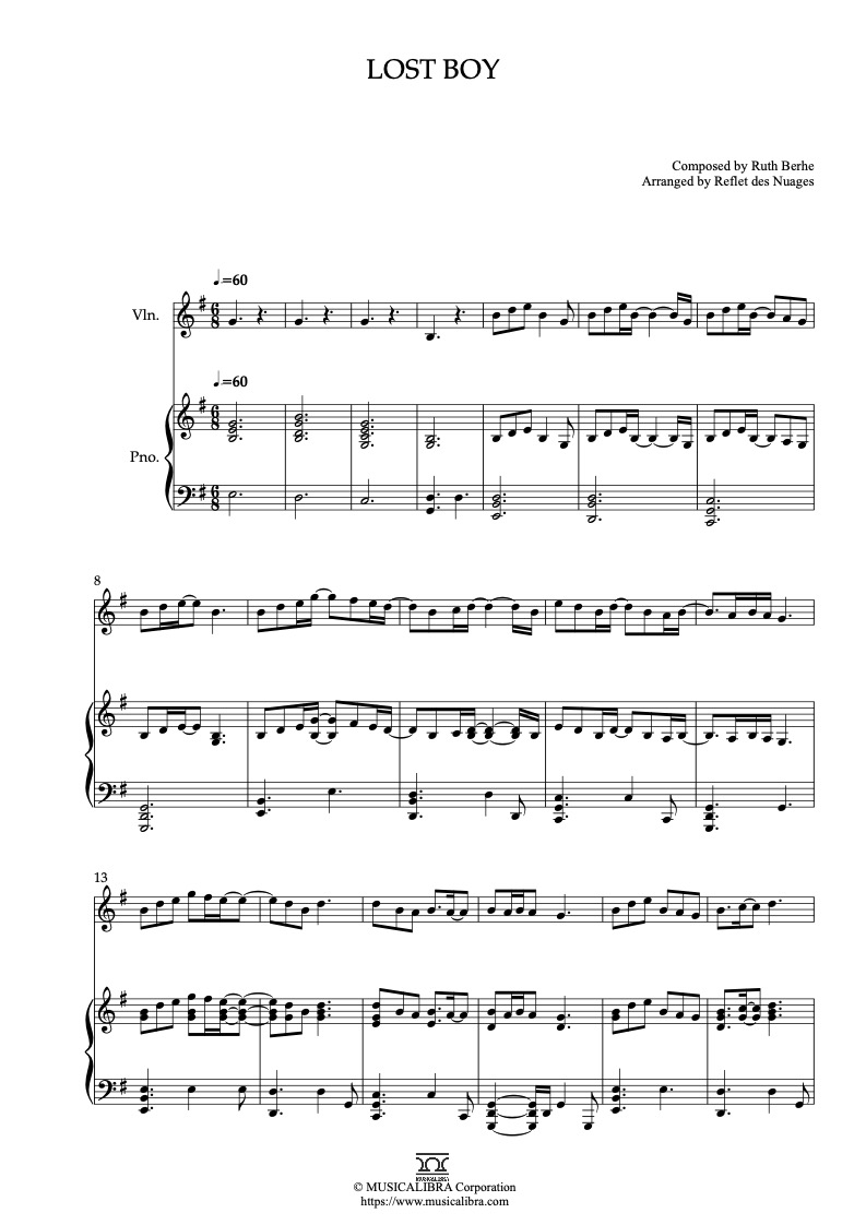 Sheet music of Ruth B Lost Boy arranged for violin and piano duet chamber ensemble preview page 1
