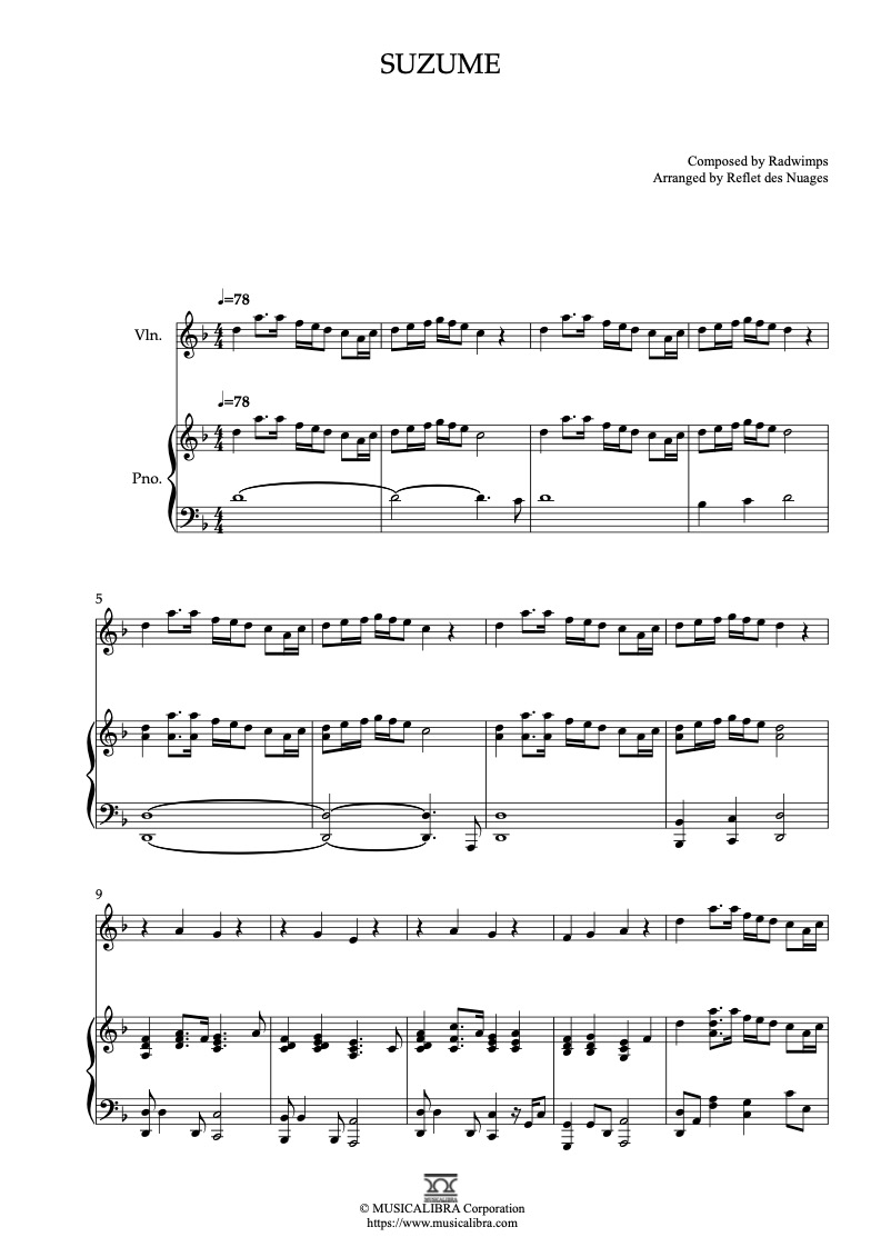 Sheet music of Radwimps Toaka Suzume arranged for violin and piano duet chamber ensemble preview page 1