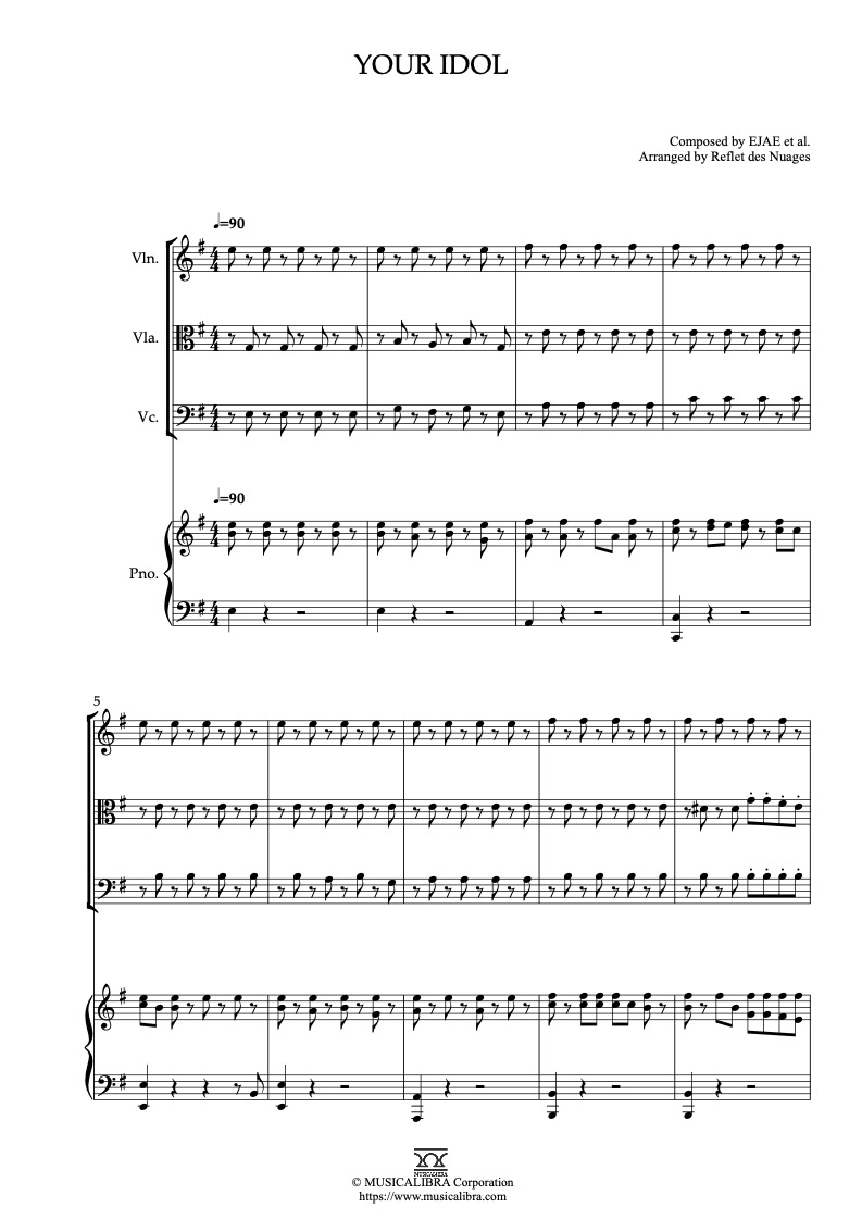 Sheet music of KPop Demon Hunters Your Idol arranged for violin, viola, cello and piano quartet chamber ensemble preview page 1