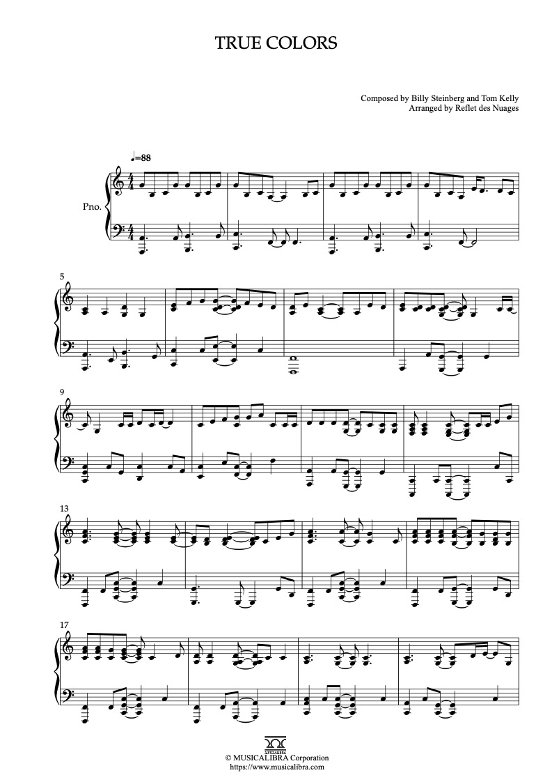Partitura de True Colors arreglada para piano solo