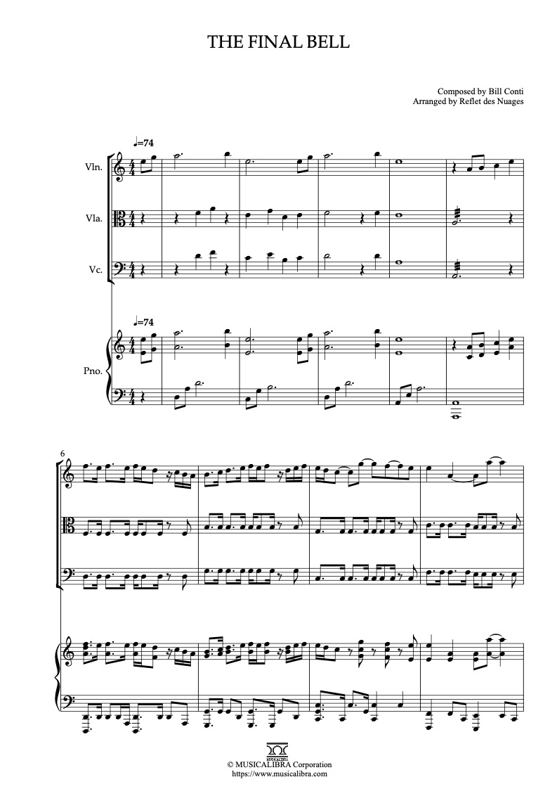 Sheet music of Rocky The Final Bell arranged for violin, viola, cello and piano quartet chamber ensemble preview page 1