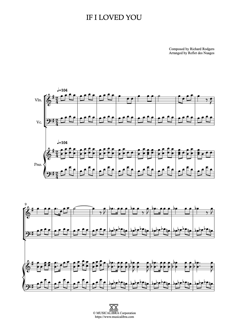 Sheet music of Carousel If I Loved You arranged for violin, cello and piano trio chamber ensemble preview page 1