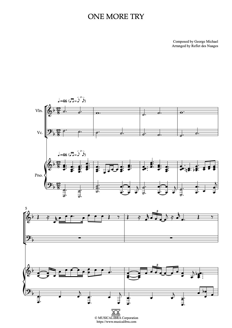 Sheet music of George Michael One More Try arranged for violin, cello and piano trio chamber ensemble preview page 1