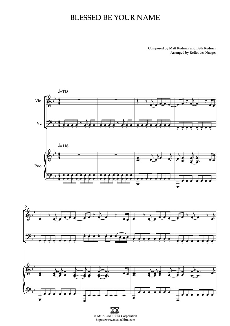 Matt Redman Blessed Be Your Name 三重奏 乐谱 - 小提琴, 大提琴, 钢琴