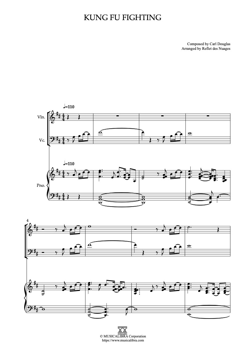 Partitura de Kung Fu Fighting arreglada para trío de violín, violonchelo y piano