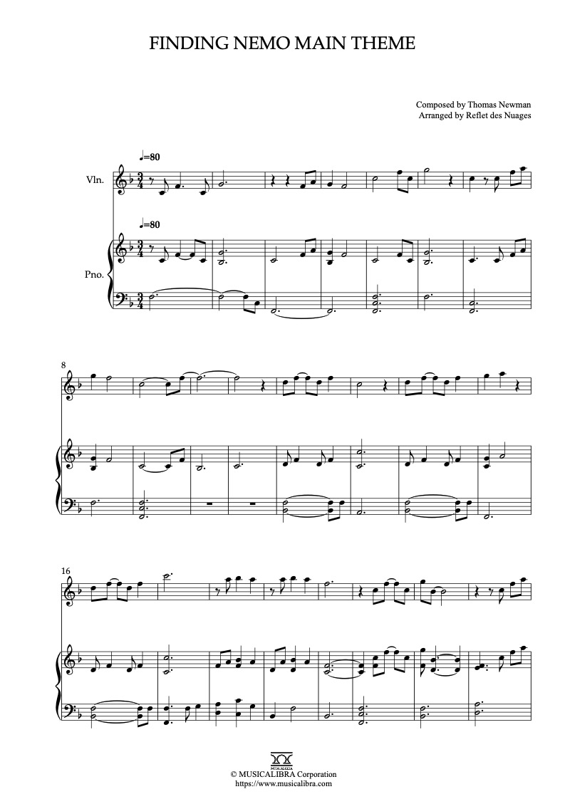 Finding Nemo Main Theme 二重奏 乐谱 - 小提琴, 钢琴