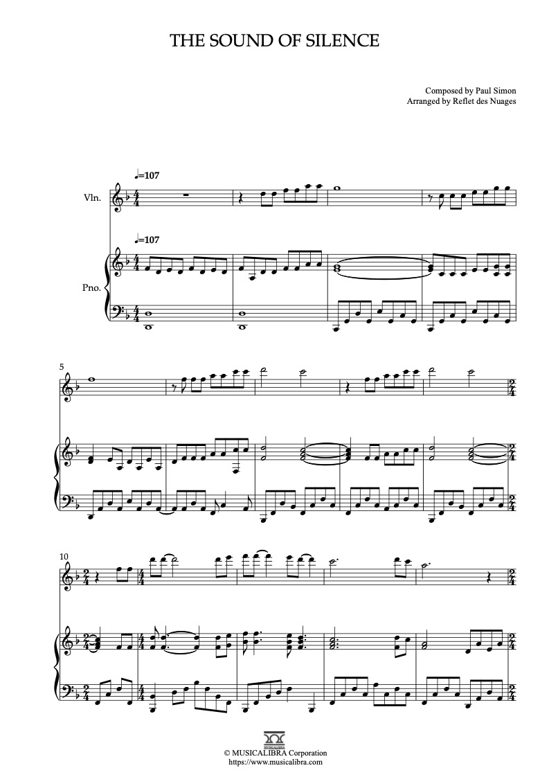 Partitura de The Sound of Silence arreglada para dueto de violín y piano