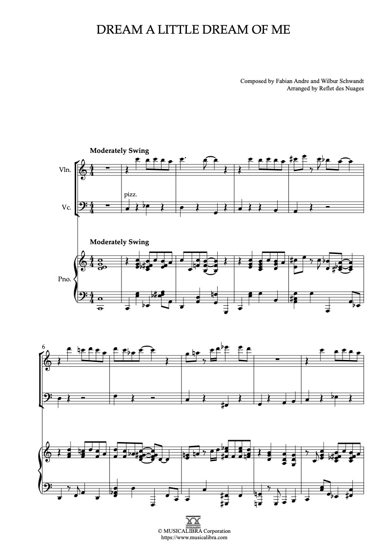 Sheet music of Dream a Little Dream of Me arranged for violin, cello and piano trio chamber ensemble preview page 1