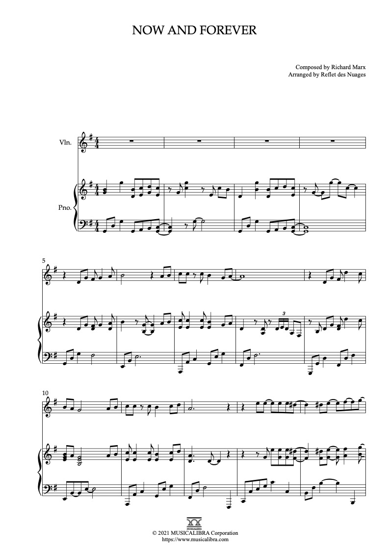 Partitura de Richard Marx Now and Forever arreglada para dueto de violín y piano