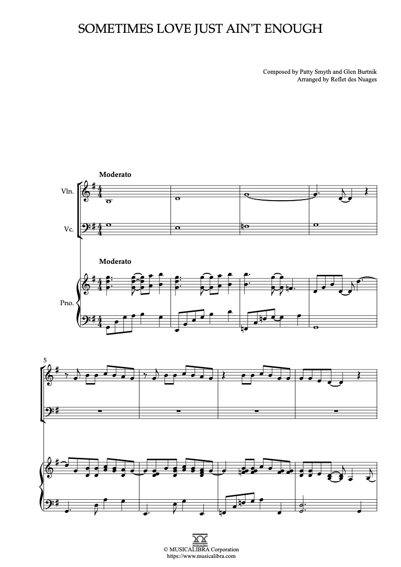 Sheet music of Patty Smyth Sometimes Love Just Ain't Enough arranged for violin, cello and piano trio chamber ensemble preview page 1
