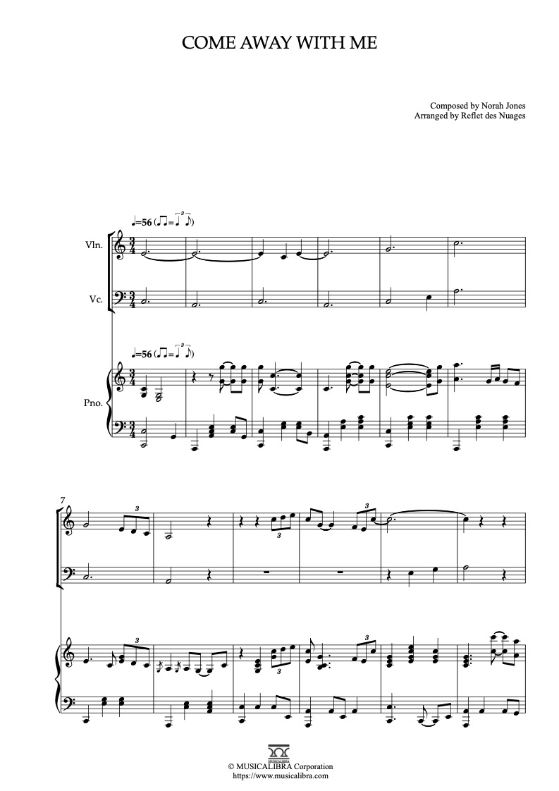 Norah Jones Come Away With Me 三重奏 樂譜 - 小提琴, 大提琴, 鋼琴