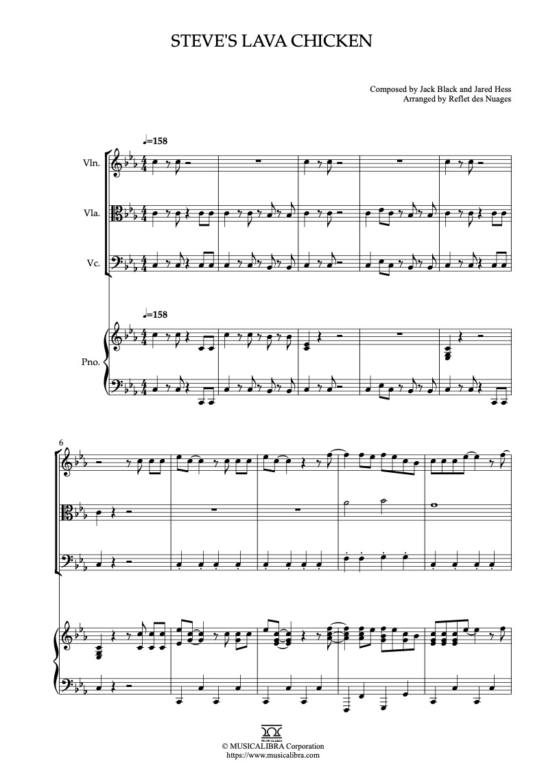 Partitura de A Minecraft Movie Steve's Lava Chicken arreglada para cuarteto de violín, viola, violonchelo y piano