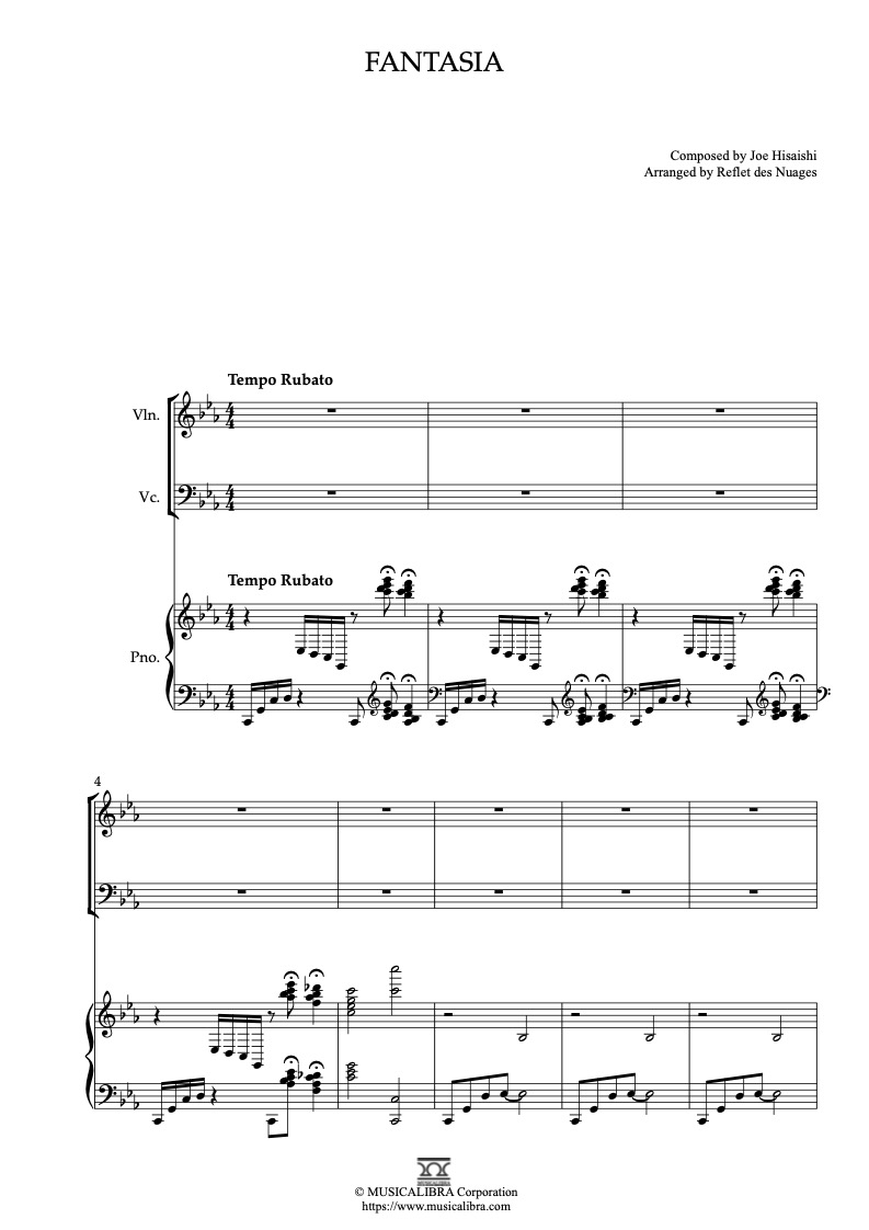 Sheet music of Nausicaä of the Valley of the Wind Fantasia(For Nausicaä) arranged for violin, cello and piano trio chamber ensemble preview page 1
