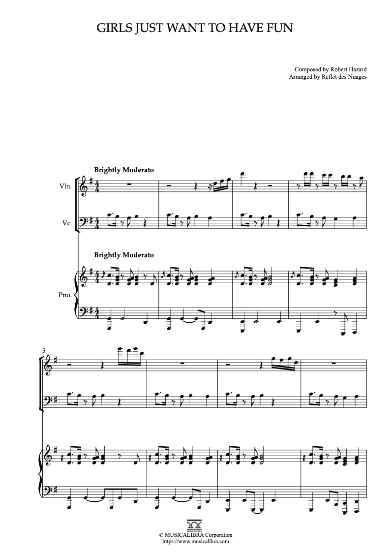 Partitura de Cyndi Lauper Girls Just Want to Have Fun arreglada para trío de violín, violonchelo y piano