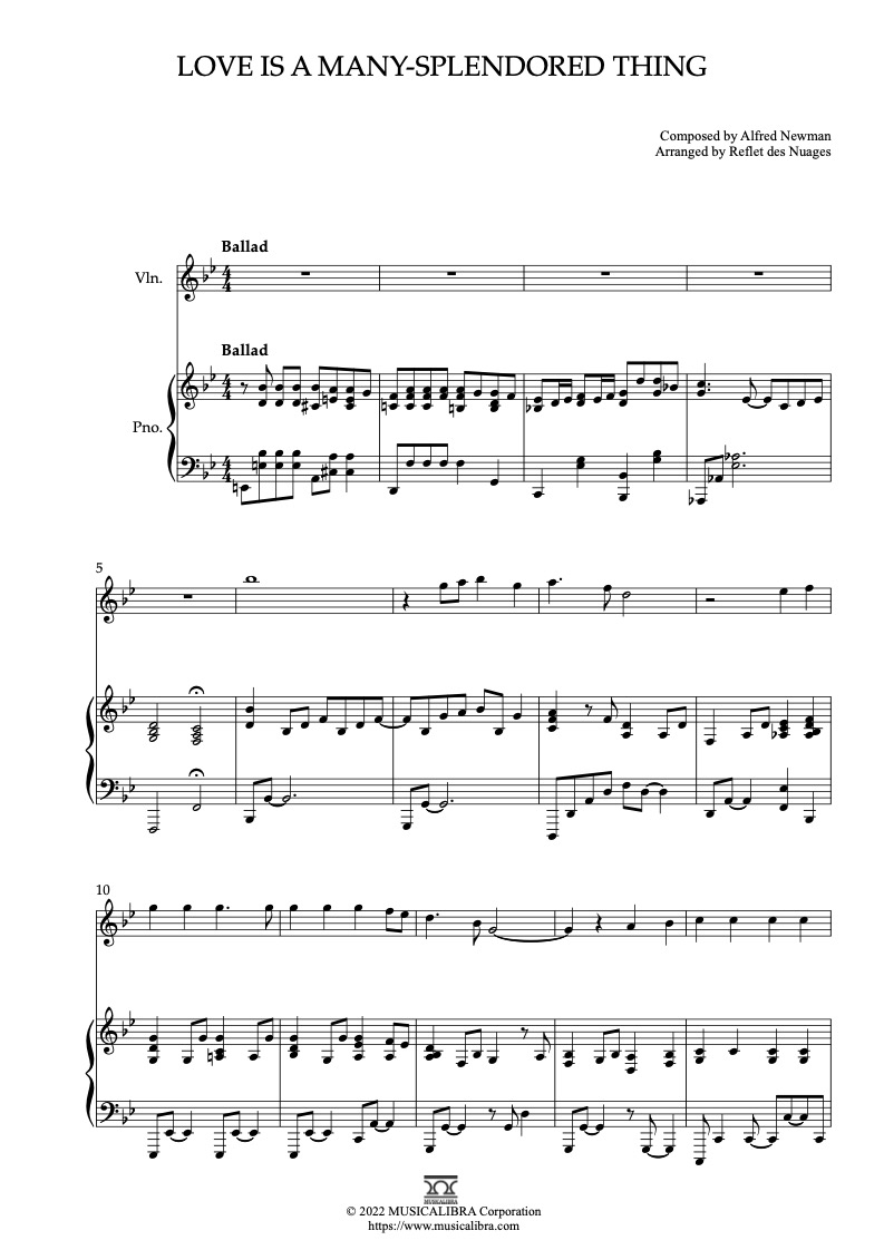 Sheet music of Love Is a Many-Splendored Thing arranged for violin and piano duet chamber ensemble preview page 1