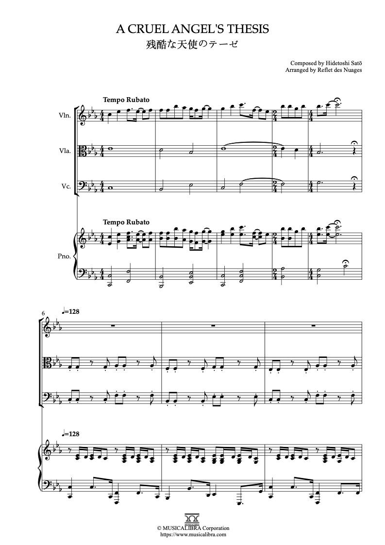 Partitura de Neon Genesis Evangelion A Cruel Angel's Thesis arreglada para cuarteto de violín, viola, violonchelo y piano