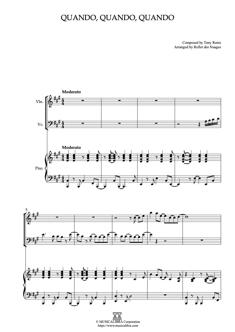 Partitura de Quando, Quando, Quando arreglada para trío de violín, violonchelo y piano