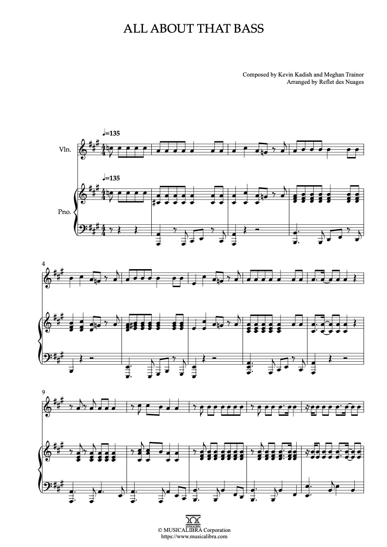 Sheet music of Meghan Trainor All About That Bass arranged for violin and piano duet chamber ensemble preview page 1
