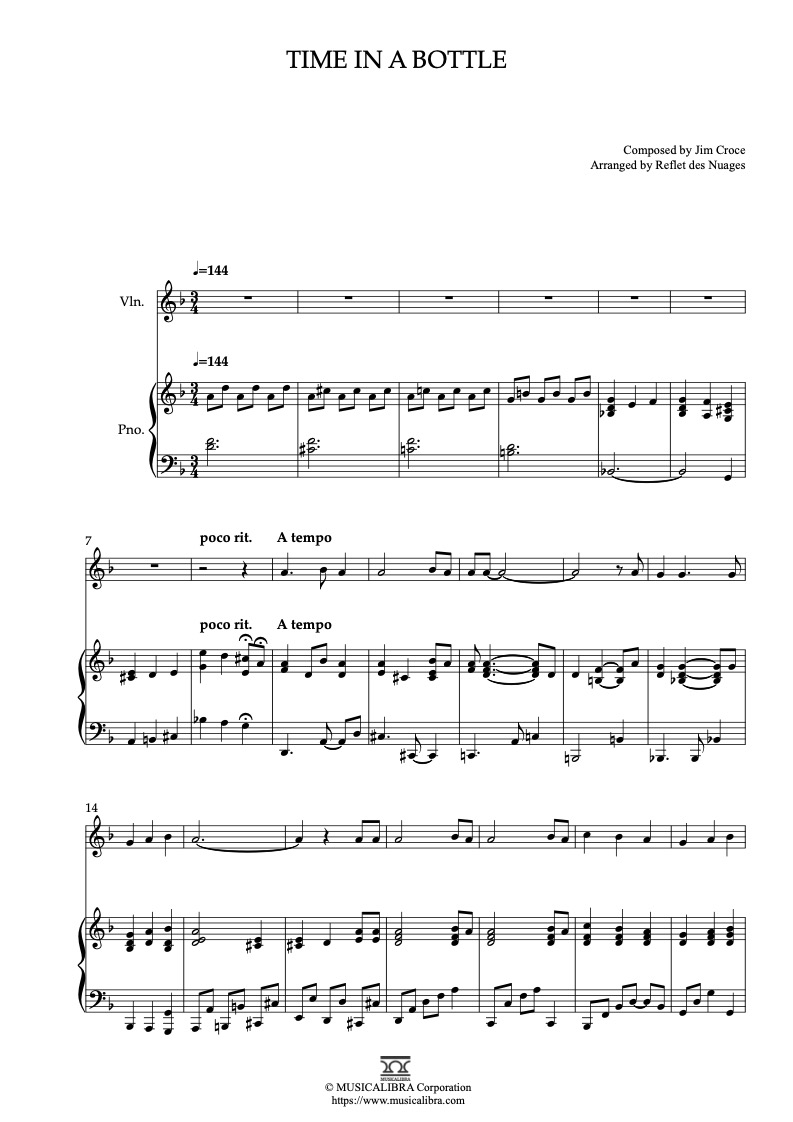 Sheet music of Jim Croce Time in a Bottle arranged for violin and piano duet chamber ensemble preview page 1