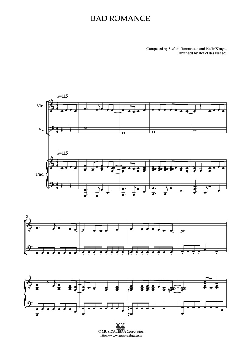 Lady Gaga Bad Romance 三重奏 樂譜 - 小提琴, 大提琴, 鋼琴