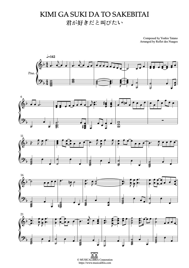 Sheet music of Slam Dunk Kimi Ga Suki Da To Sakebitai arranged for piano solo preview page 1