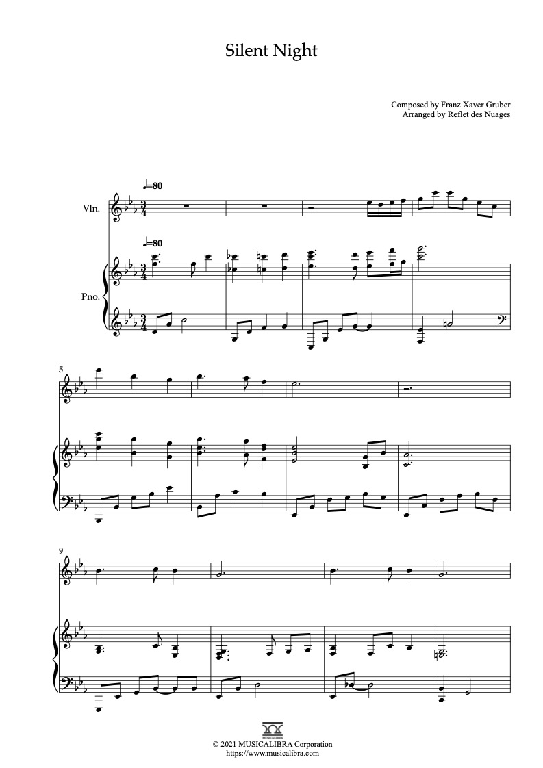 Duet 악보] 고요한 밤 거룩한 밤 Silent Night 편곡 악보 - 바이올린, 피아노 실내악 앙상블 : Musicalibra