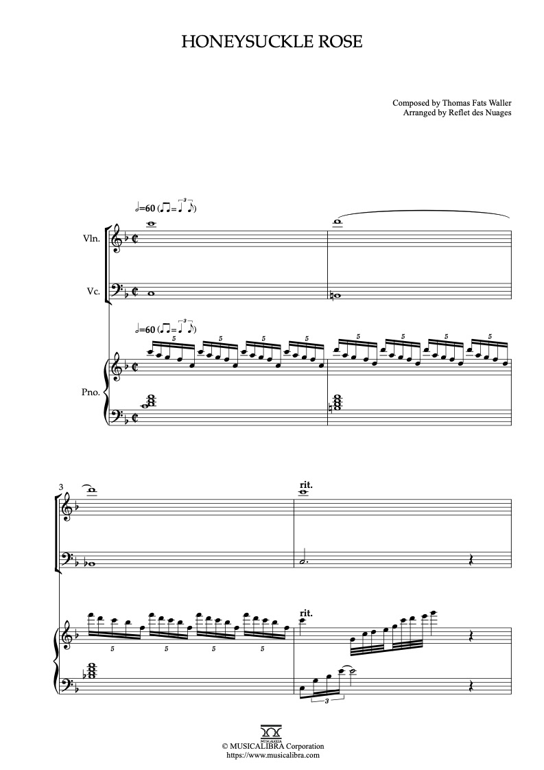 Sheet music of Fats Waller Honeysuckle Rose arranged for violin, cello and piano trio chamber ensemble preview page 1
