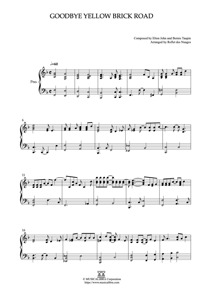 Sheet music of Elton John Goodbye Yellow Brick Road arranged for piano solo preview page 1