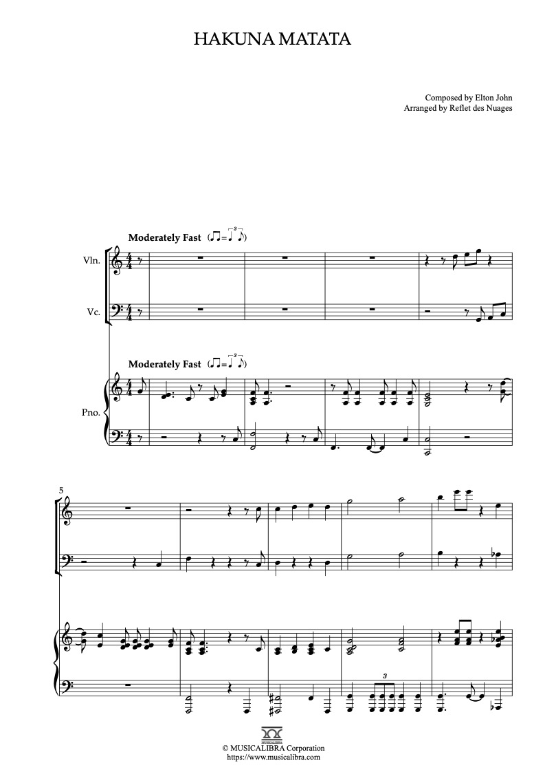 The Lion King Theme Hakuna Matata 三重奏 乐谱 - 小提琴, 大提琴, 钢琴