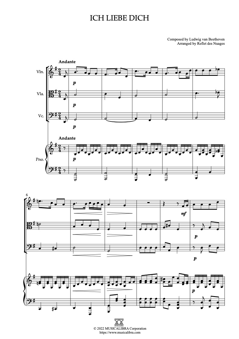 Sheet music of Beethoven Ich liebe Dich arranged for violin, viola, cello and piano quartet chamber ensemble preview page 1