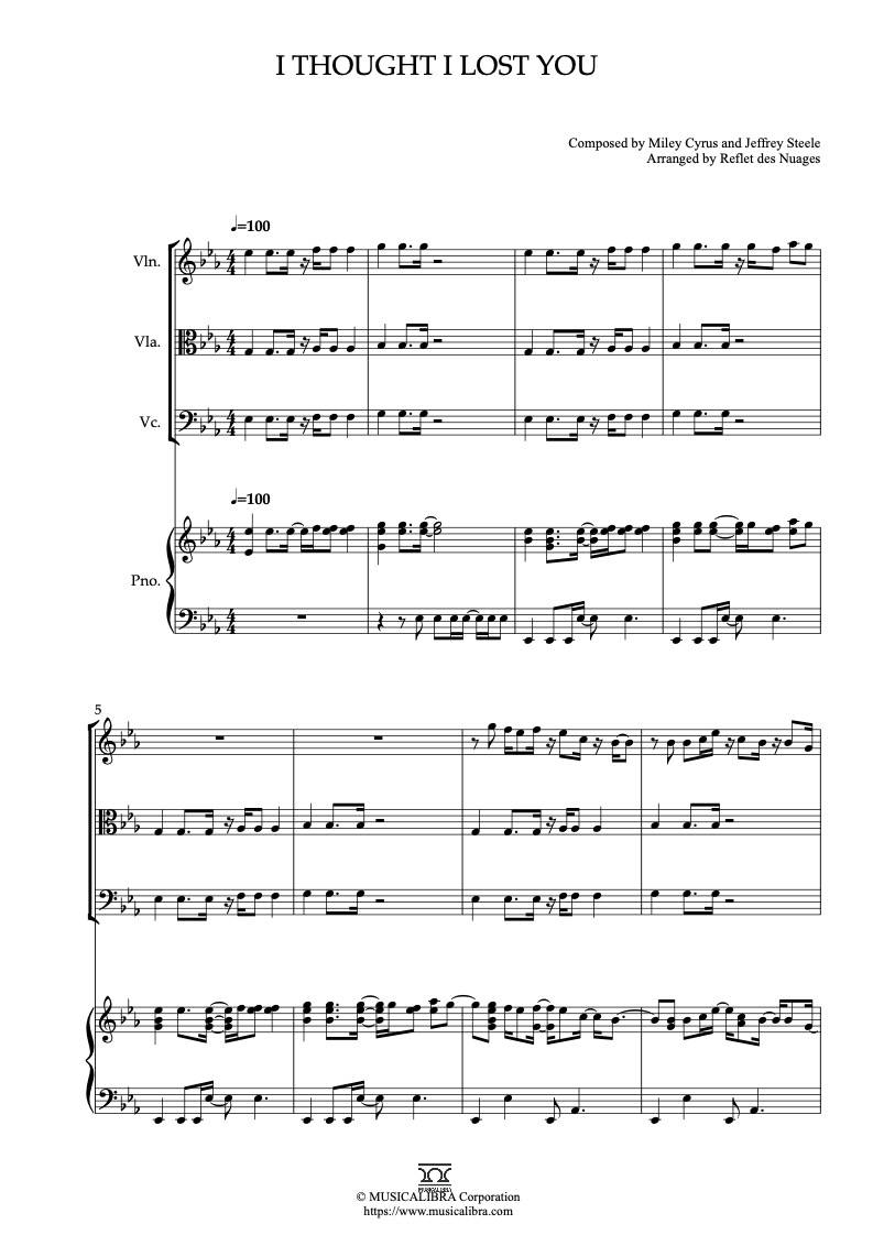Partitura de Bolt I Thought I Lost You arreglada para cuarteto de violín, viola, violonchelo y piano