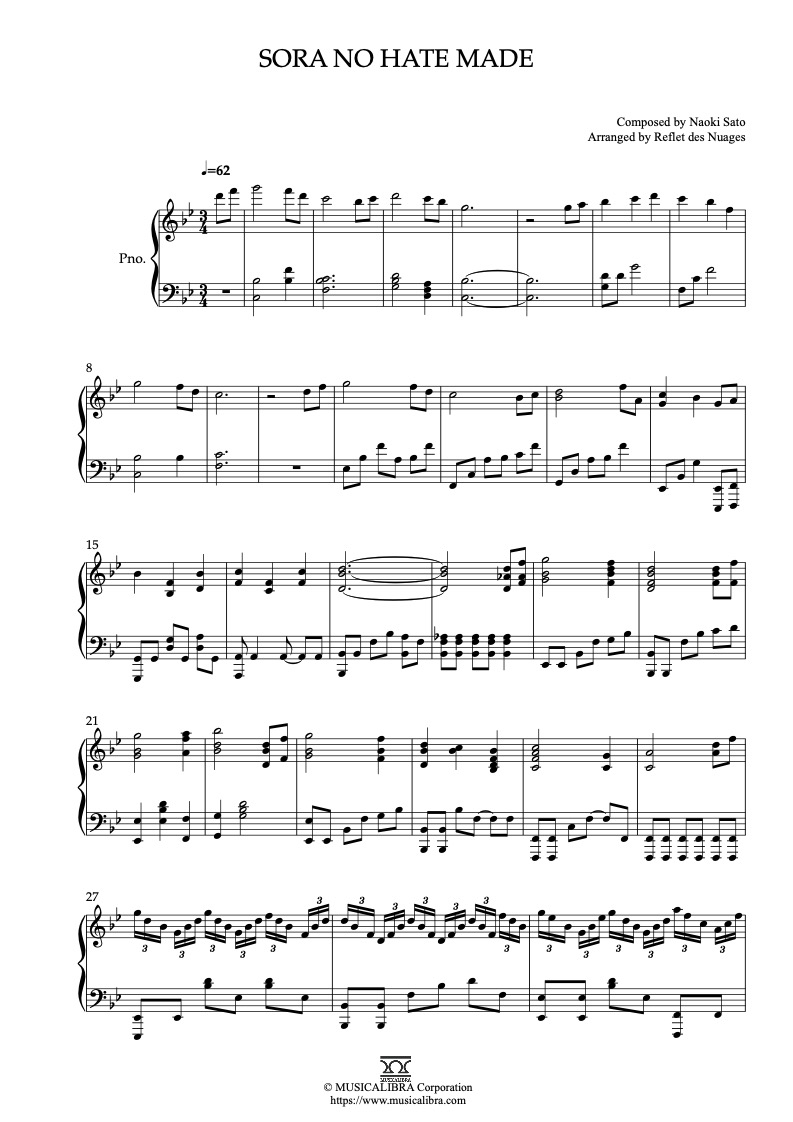 Partitura de Sword of the Stranger Sora no hate made arreglada para piano solo