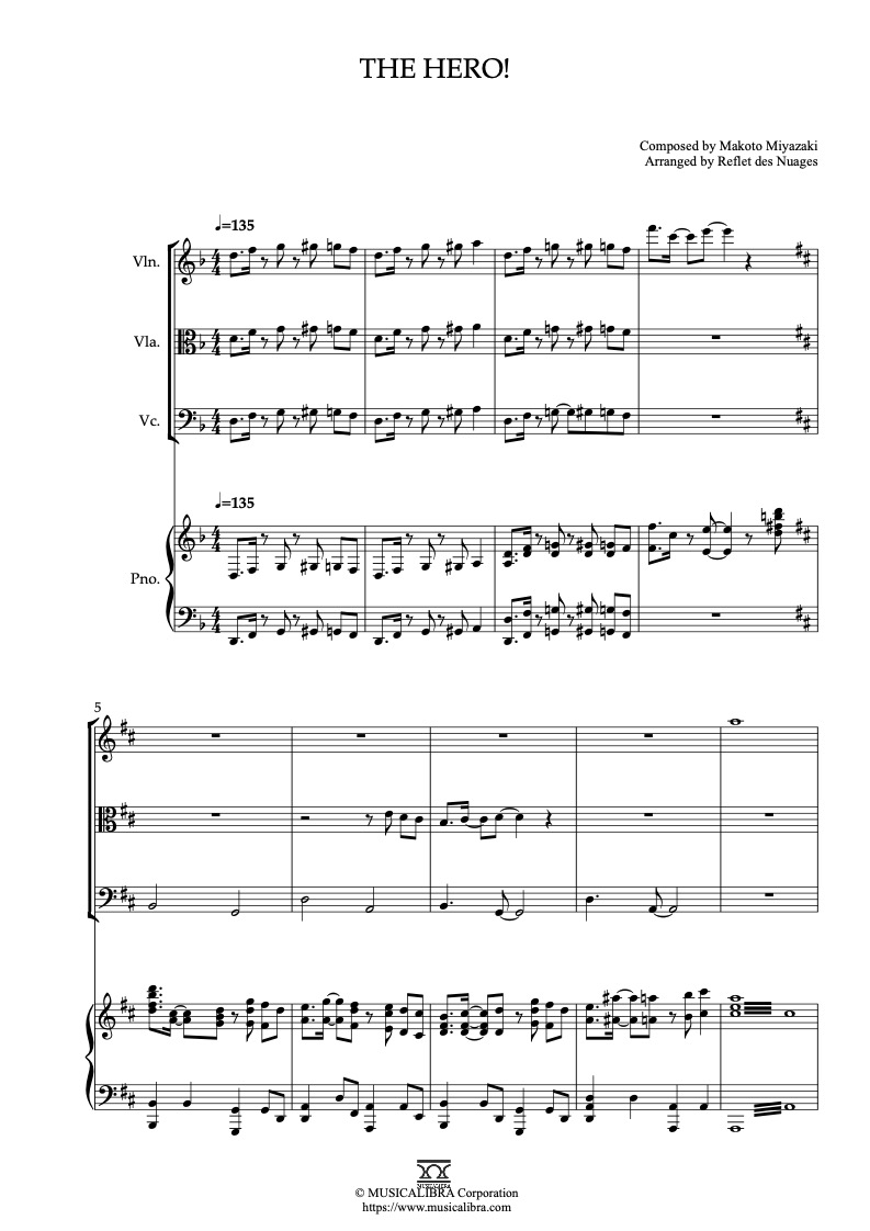 Partitura de One Punch Man The Hero! arreglada para cuarteto de violín, viola, violonchelo y piano