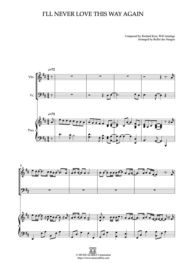Sheet music of I'll Never Love This Way Again arranged for violin, cello and piano trio chamber ensemble preview page 1