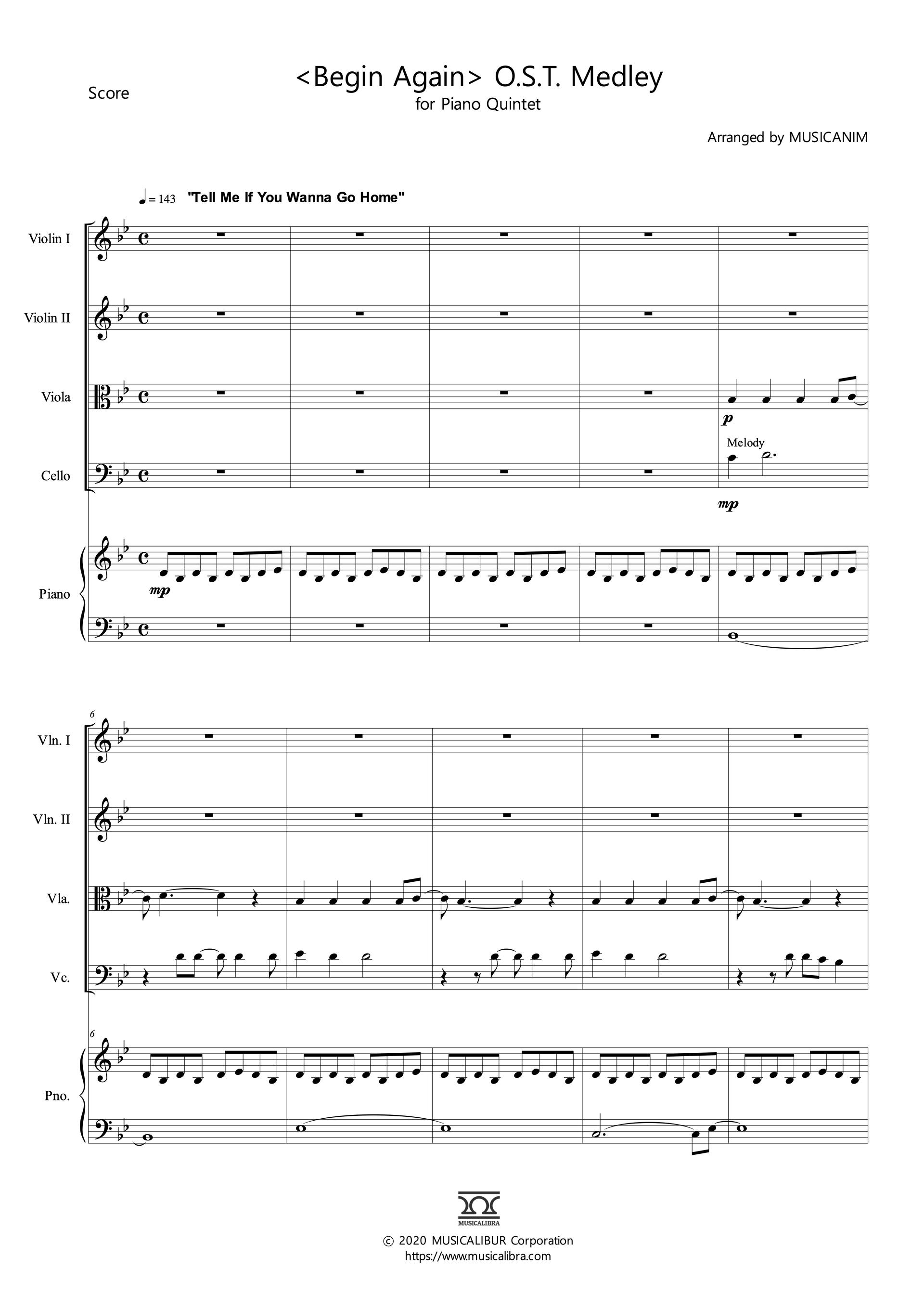 Sheet music of Begin Again Theme Medley arranged for 2 violins, viola, cello and piano quintet chamber ensemble page 1