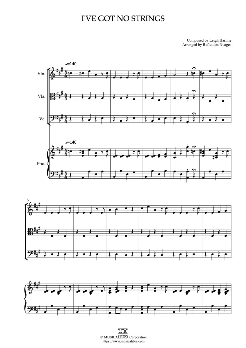 Pinocchio I've Got No Strings 四重奏 乐谱 - 小提琴, 中提琴, 大提琴, 钢琴