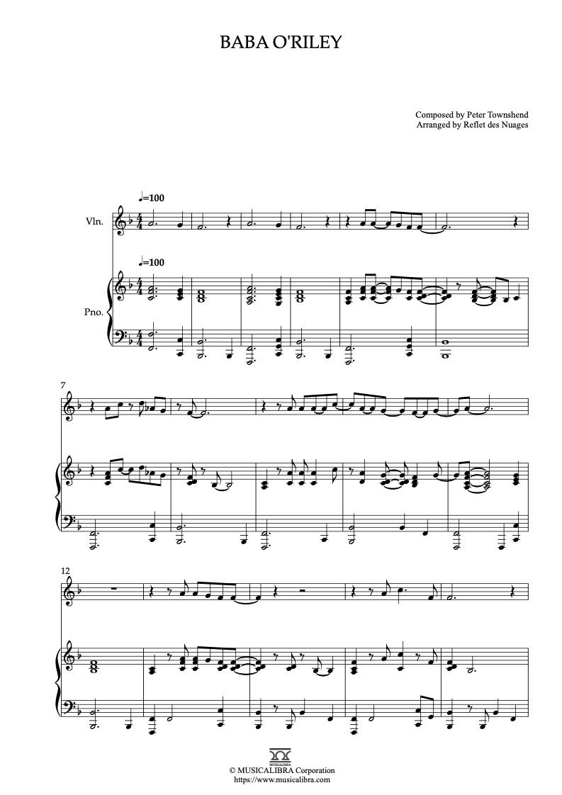 Partitura de The Who Baba O'Riley arreglada para dueto de violín y piano