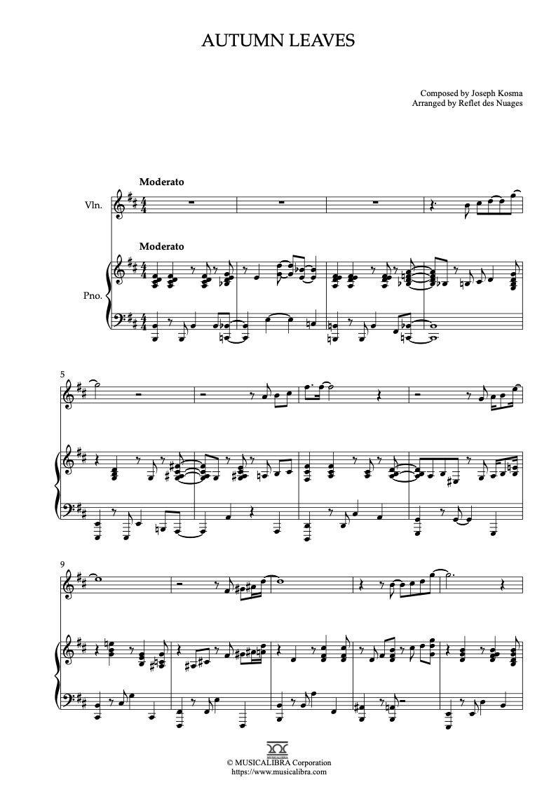 Sheet music of Autumn Leaves arranged for violin and piano duet chamber ensemble preview page 1