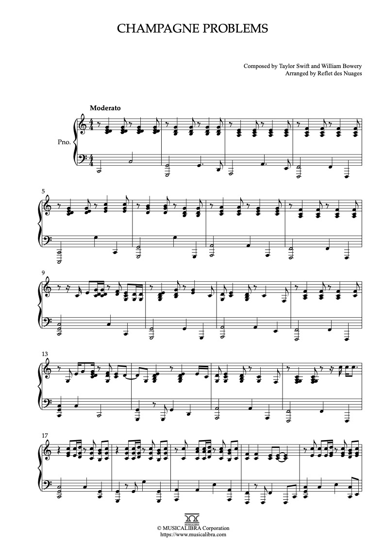 Partitura de Taylor Swift champagne problems arreglada para piano solo