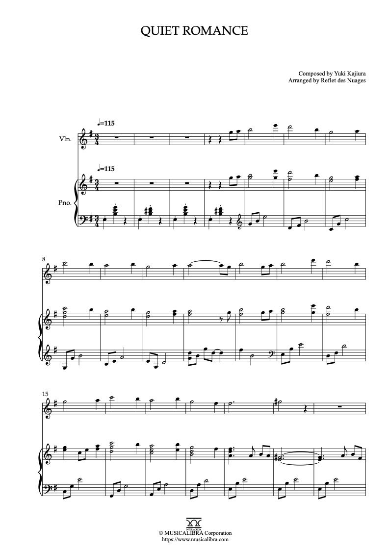 Sheet music of Quiet Romance arranged for violin and piano duet chamber ensemble preview page 1