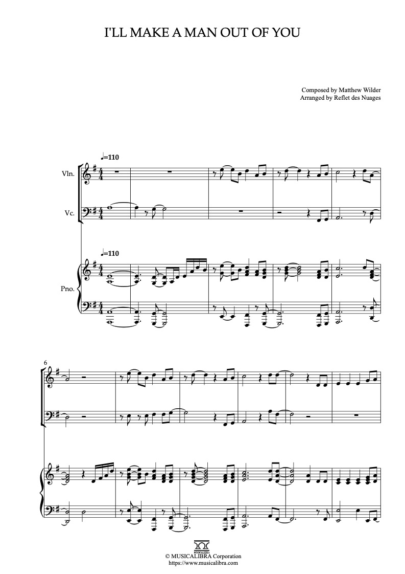 Partitura de Mulan I’ll Make a Man Out of You arreglada para trío de violín, violonchelo y piano